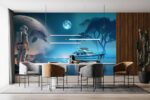 Dolunayda Fantastik Astronot Deniz, Balina, Tekne ve Ağaç Kolajı poster