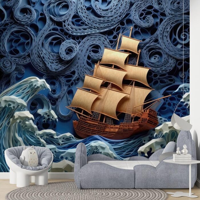 3D gemi ve dalgalar poster duvar kağıdı