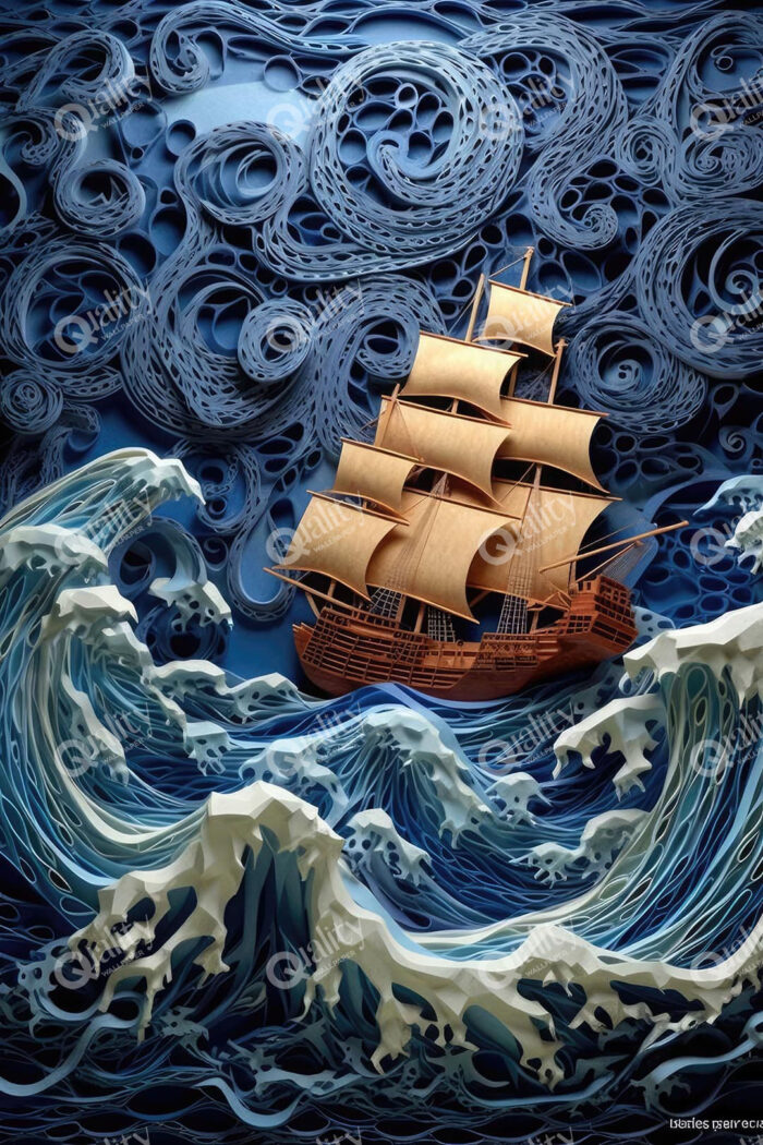3D gemi ve dalgalar poster duvar kağıdı