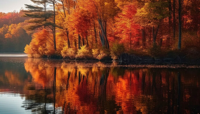 Yağlıboya Göle Yansımış Sonbahar Ormanı -Ağaçlar poster