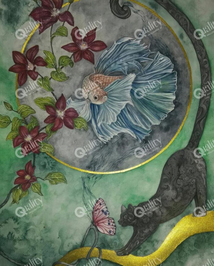 Balık, kedi, kelebek ve çiçekler poster duvar kağıdı