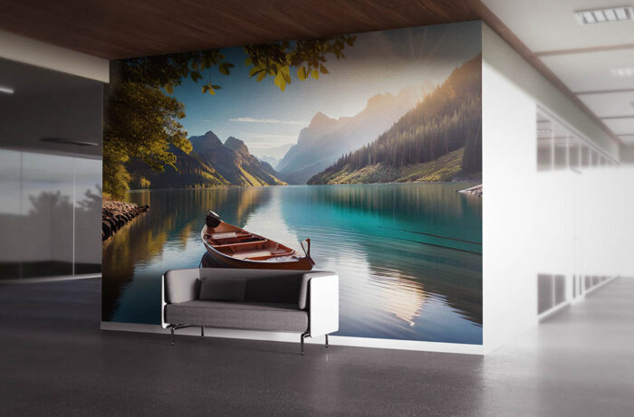 Dağ Manzaralı Göl ve Sandal poster