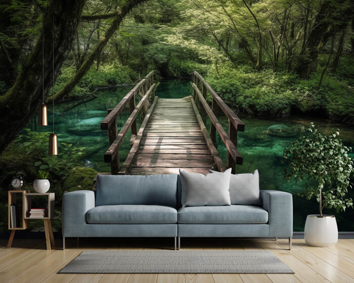 Orman İçinde Akan Nehir ve Köprü poster