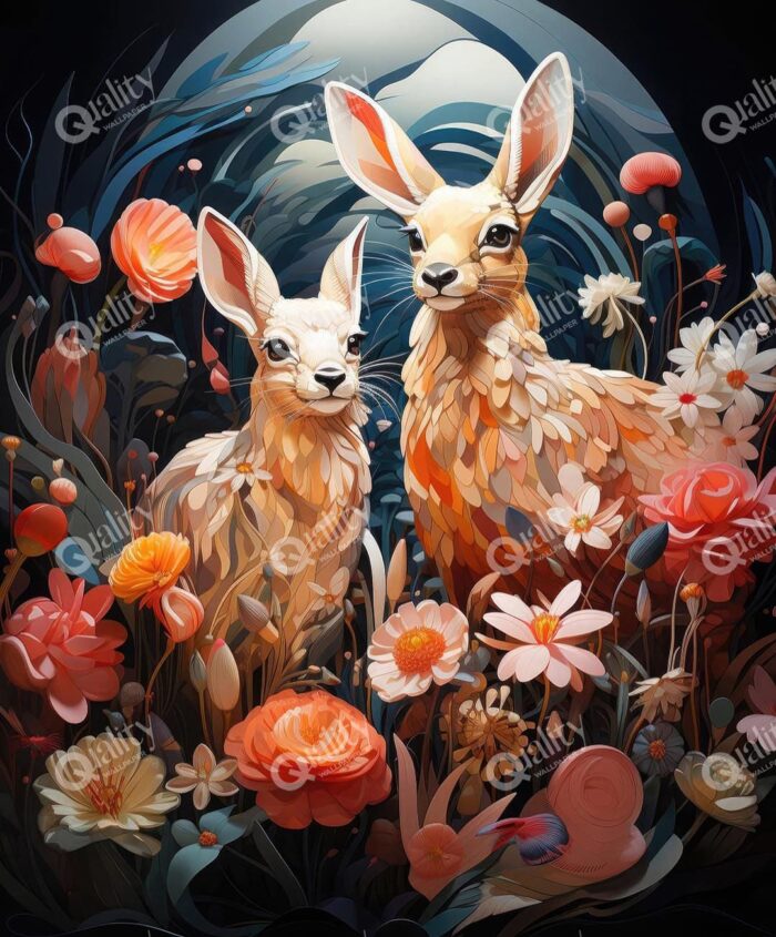 Çiçekler tavşan ve yavrusu poster duvar kağıdı