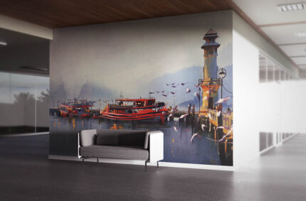 Deniz Feneri ve Balıkçı Tekneleri poster