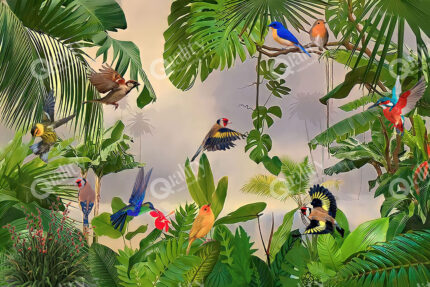 Tropikal ormanda kuşlar poster duvar kağıdı