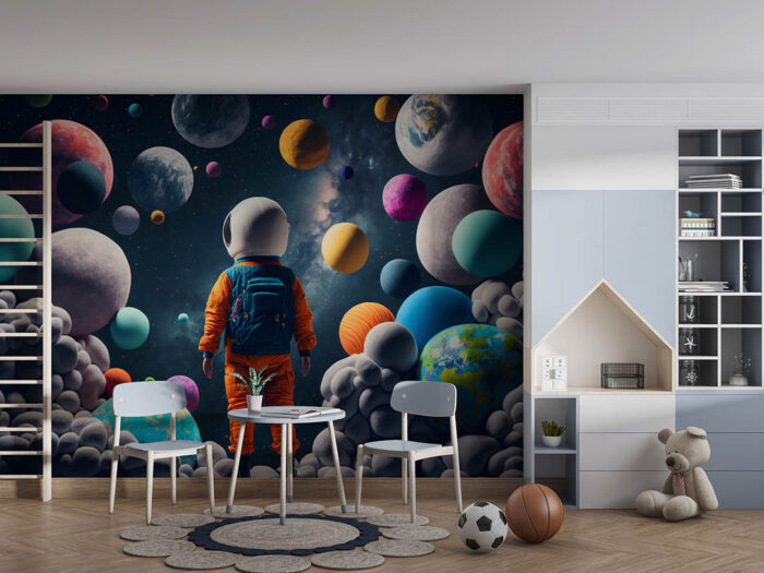 Fantastik uzayda astronot ve renkli gezegenler poster duvar kağıdı