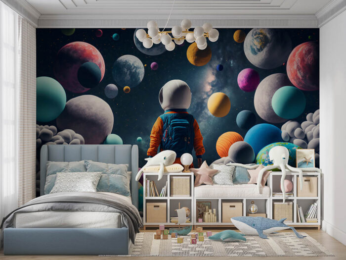 Fantastik uzayda astronot ve renkli gezegenler poster duvar kağıdı