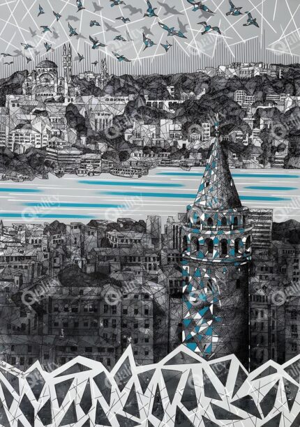 Galata Kulesi İstanbul ve martılar illüstrasyon poster duvar kağıdı