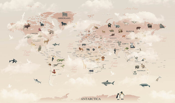 Ülkelere göre hayvanlar dünya haritası poster duvar kağıdı