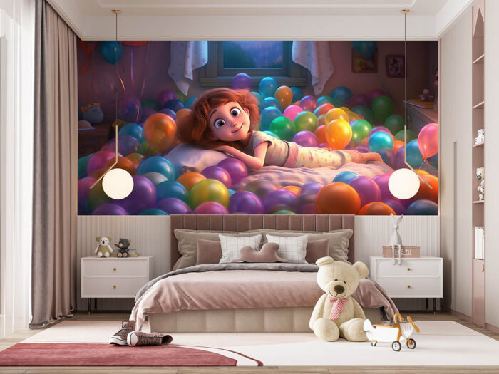 Yatağında balonların içinde genç kız poster duvar kağıdı