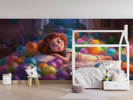 Yatağında balonların içinde genç kız poster duvar kağıdı