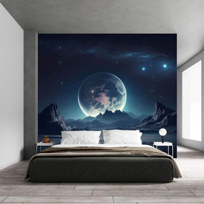 Fantastik Gece Yıldızlı Gökyüzü ve Dolunay poster
