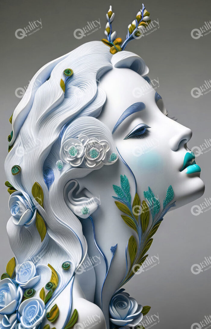 Çiçeklerle bezenmiş porselen kadın büstü poster duvar kağıdı