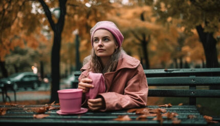 Sonbaharda ormanda kahve içen kadın
