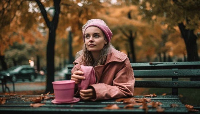 Sonbaharda ormanda kahve içen kadın