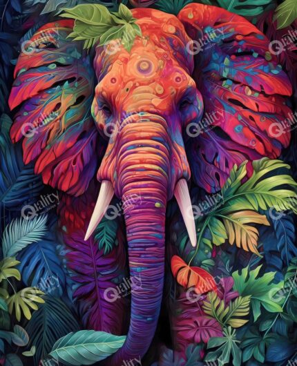 Tropikal yapraklar içinde renkli fil poster duvar kağıdı