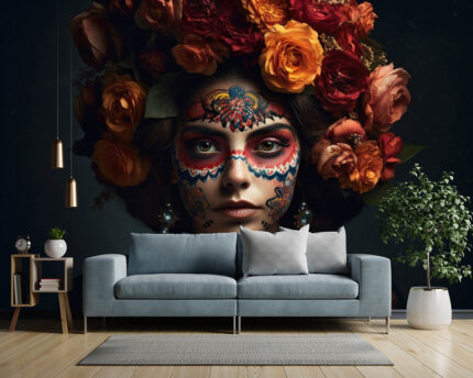 Başında Çiçek Demetiyle Yüzü Çiçek Makyajlı Kadın poster