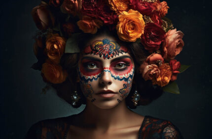 Başında Çiçek Demetiyle Yüzü Çiçek Makyajlı Kadın poster