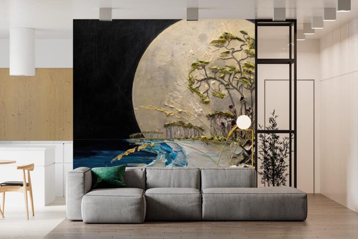 3D Ay Ağaçlar ve Deniz poster