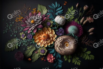Siyah Zeminde 3D Renkli Çiçekler Poster Duvar Kağıdı