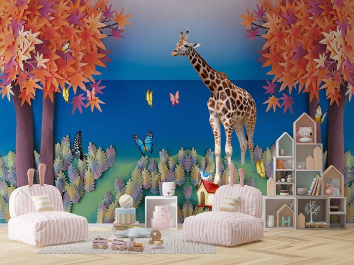 Zürafa ve ağaçlar poster duvar kağıdı
