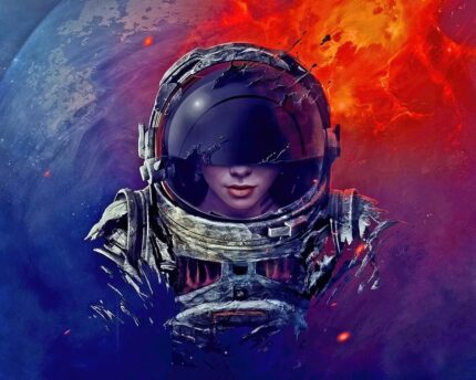 Gezegenin önünde astronot kadın