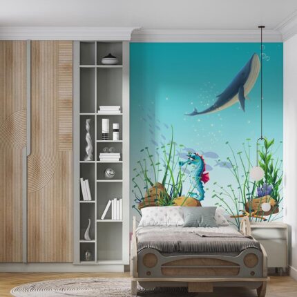 Balina ve deniz atı çocuk odası duvar kağıdı