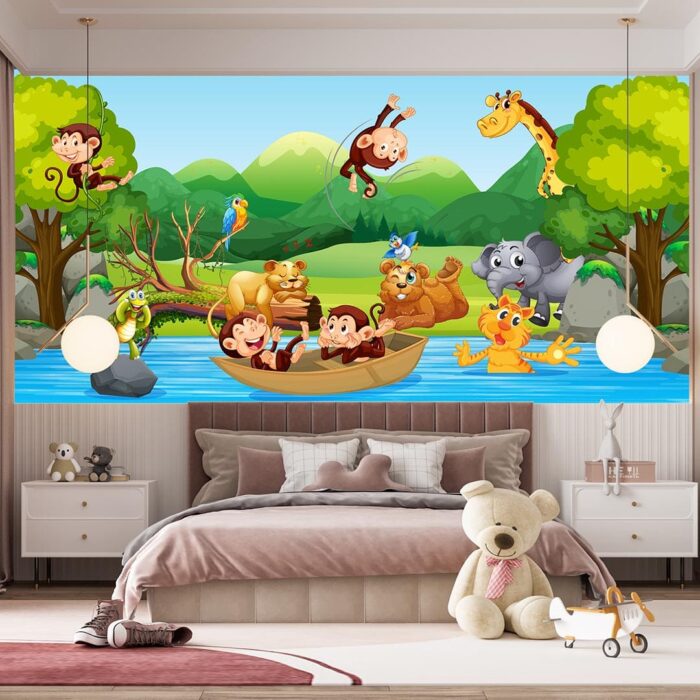Göl kıyısında eğlenen hayvanlar çocuk odası duvar kağıdı